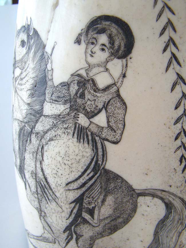 A very fine scrimshawed whales' panbone section (jawbone) depicting a lady, possibly Royaty, riding a horse, circa 1840 — image 2